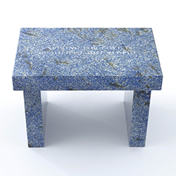 Jenny Holzer Selection from Truisms: Expiring for love…, 2025 Azul Bahia granite footstool 17 x 25 x 16 in. (43.2 x 63.5 x 40.6 cm)